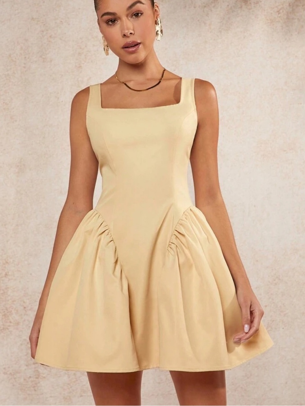 Sleeveless Square-Neck Mini Dress in Light Beige